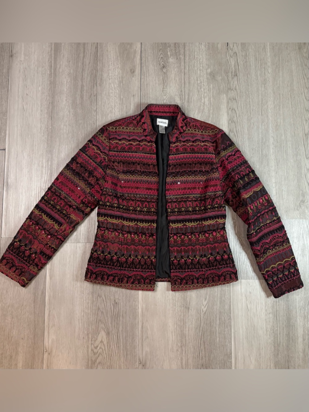 Chico's Small Black/Pink Beaded Embroidered Beaded Open Jacket Lined sz 0 small
